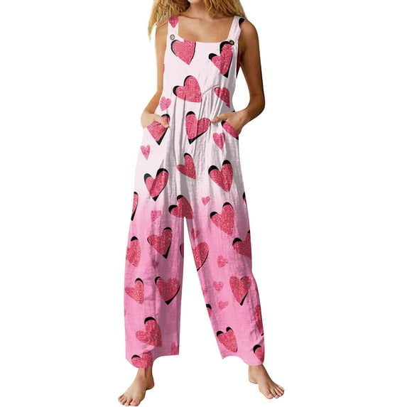 KDDYLITQ Valentines Jumpsuit for Women Sleeveless Button Strap Overalls Love Heart Graphic U Neck Wide Leg Casual 2026 Holiday Pants with Pocket Light pink 3XL