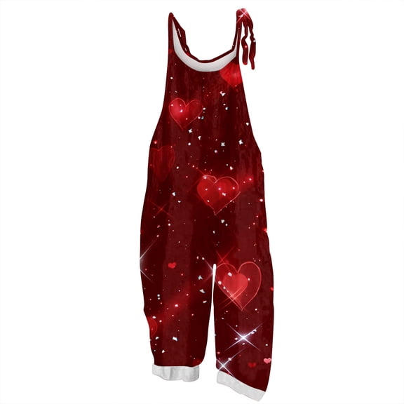 KDDYLITQ Valentines Jumpsuit for Women U Neck Wide Leg Overalls Heart Print Plus Size Adjustable Strap Holiday Pants Holiday Comfy with Pocket Wine L