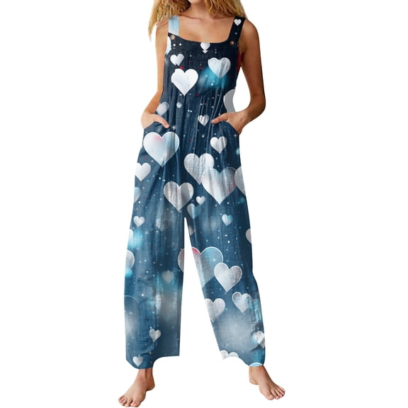 KDDYLITQ Valentines Overalls for Women Sleeveless Wide Leg Jumpsuit Floral Print Plus Size Button Strap Holiday Pants Holiday Party with Pocket Sky Blue 2XL