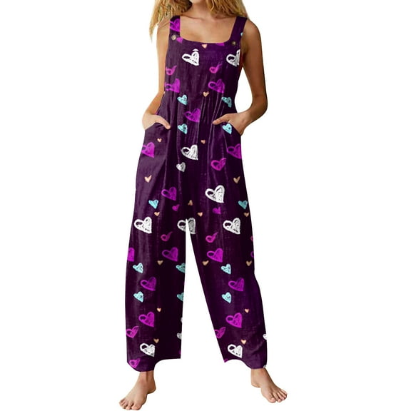 KDDYLITQ Valentines Overalls for Women U Neck Button Strap Jumpsuit Heart Print Sleeveless Wide Leg Romper Cute 2026 Holiday Pants with Pocket Purple M