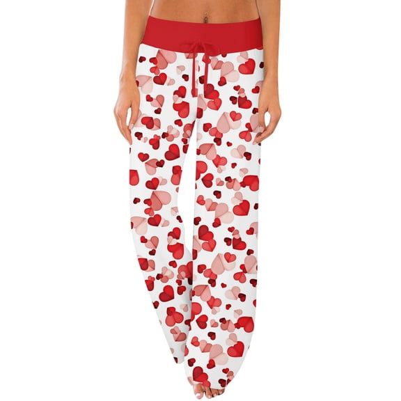 KDDYLITQ Valentines Pajamas Pants for Women Elastic Waist Drawstring Pajamas Love Heart Graphic Wide Leg Lounge Pants Dressy Trousers with Pocket Pink M