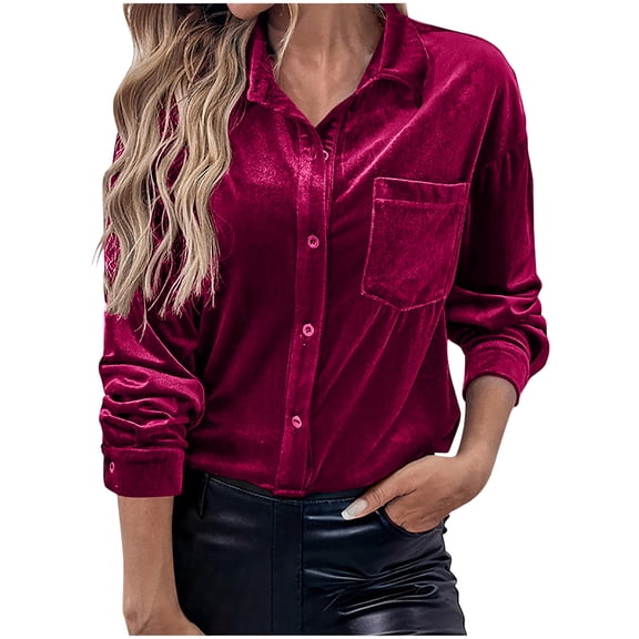 KDDYLITQ Velvet Shirts for Women Lapel Collar Solid Color Tops Long Sleeve Button Down T-Shirts Trendy Loose Fit Blouses with Chest Pocket Wine S