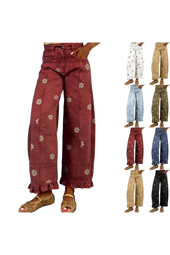 Wide Leg Jeans for Women 2026 Floral Print Ruffled Hem Jeans Y2k Patchwork Baggy Denim Trousers with Pockets Deep Red 2XL