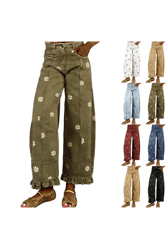 Wide Leg Jeans for Women 2026 Floral Print Ruffled Hem Jeans Y2k Patchwork Baggy Denim Trousers with Pockets Green L