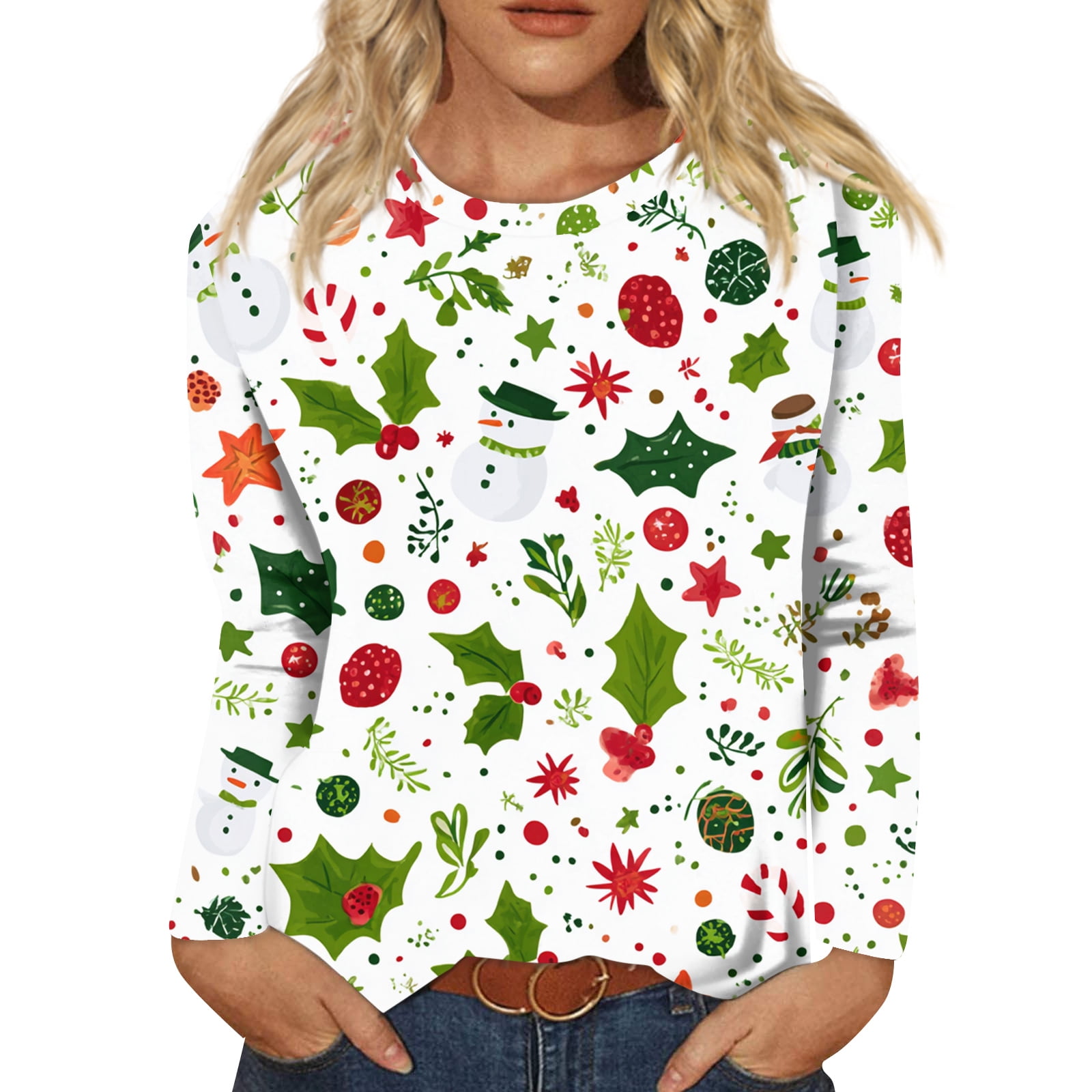 KDDYLITQ Women Christmas T-Shirt Graphic Crew Neck Oversized Sweatshirt ...