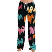 KDDYLITQ Women Halloween Pajama Pants Bat Straight Wide Leg Pj Bottoms Skull Spooky Oversized Loungewear Spooky Season Plus Size Sweatpants Loose Fit Costumes Trousers Black M
