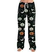 KDDYLITQ Women Halloween Pajama Pants Cute Graphic Barrel Sweat Pants Pumpkin Oversized Sweatpants Ghost Straight Wide Leg Pj Pants Lounge Comfort Loungewear Black L