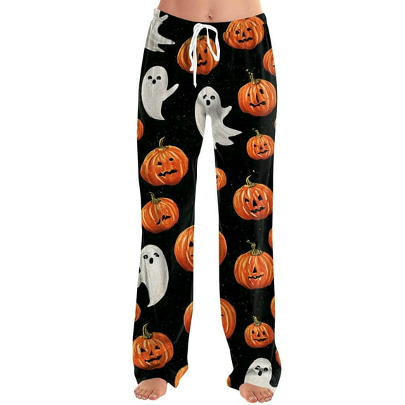 KDDYLITQ Women Halloween Pajama Pants Ghost Barrel Sweat Trousers Bat Drawstring Pj Bottoms Pumpkin Plus Size Pj Pants Loose Fit Novelty Trousers Ginger S