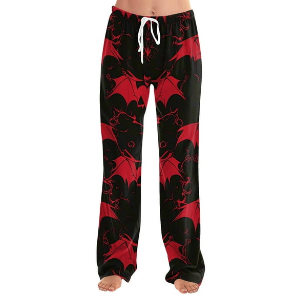 KDDYLITQ Women Halloween Pajama Pants Skull Spooky Straight Wide Leg Sweat Pants Bat Drawstring Trousers Spider Elastic High Waist Pj Bottoms Funny Comfort Sweat Trousers Red M