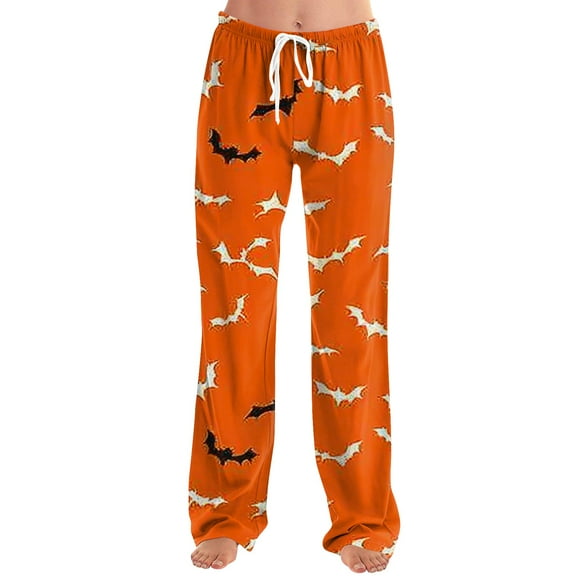 KDDYLITQ Women Halloween Pajama Pants Spider Elastic High Waist Pj Bottoms Pumpkin Drawstring Sweat Pants Bat Oversized Loungewear Casual Novelty Trousers Orange 2XL