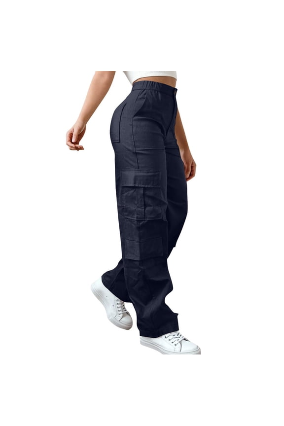 Women Hiking Pants Wide Leg Cargo Pants High Waist Work Track Pant Plus Size Trendy Parachute Pants with Pocket Navy M