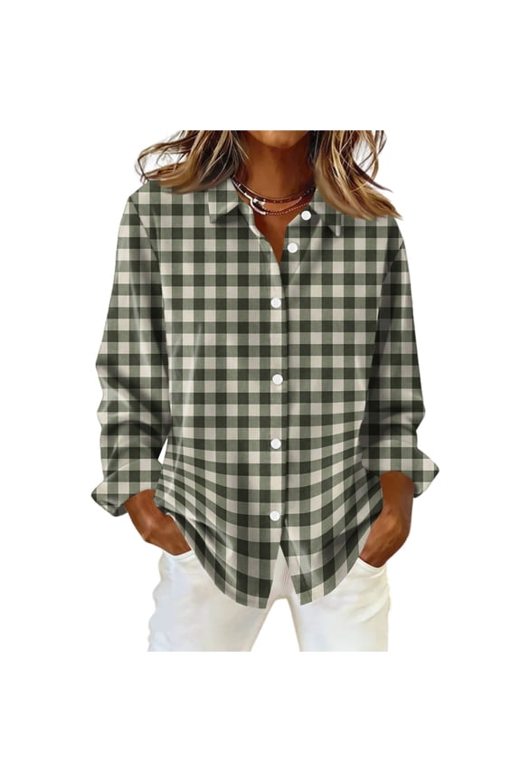 Women Plaid Shirts Button Down Lapel Collar Top Long Sleeve Flannel Jacket Dressy Trendy Loose Fit Blouses Army Green S