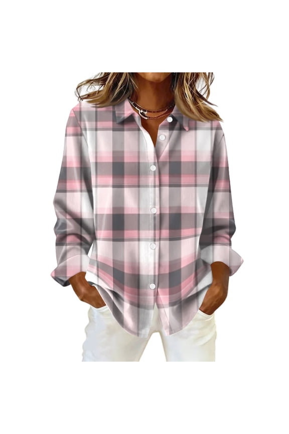 Women Plaid Shirts Long Sleeve Patchwork Top Button Down Lapel Collar Blouses Dressy Lightweight Spring Jacket Pink 2XL