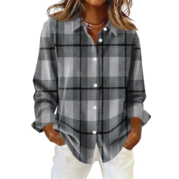KDDYLITQ Women Plaid Top Button Down Patchwork Shirts Long Sleeve Flannel Jacket Trendy Dressy Soft Blouses Navy L