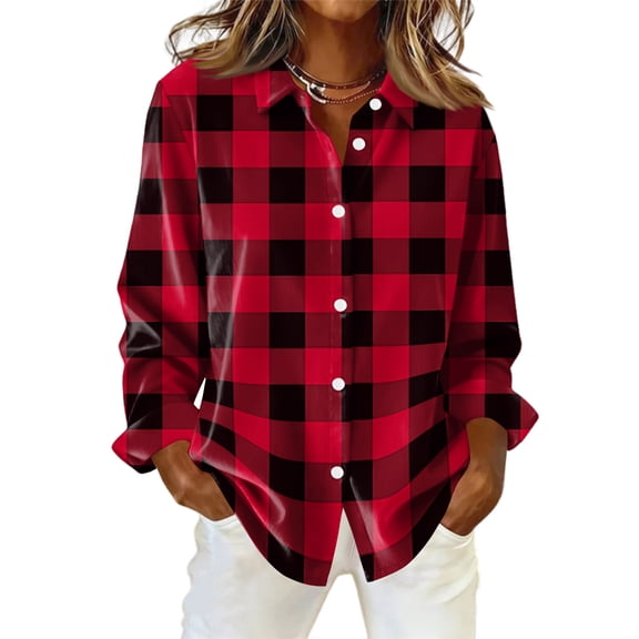 KDDYLITQ Women Plaid Top Long Sleeve Patchwork Shirts Button Down Lapel Collar Blouses Trendy Lightweight Soft Jacket Red M