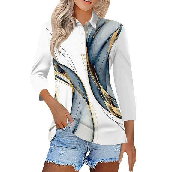 KDDYLITQ Women'S Polo Shirts 3/4 Sleeve Loose Wicking Summer Shirts Breathable Collared Geometric Striped Print Vintage Tees White M