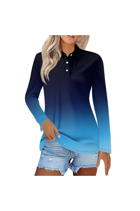 KDDYLITQ Women'S Polo Shirts Long Sleeve Cotton Breathable Wicking Shirt 3 Buttons Cool Casual Tops Royal Blue L