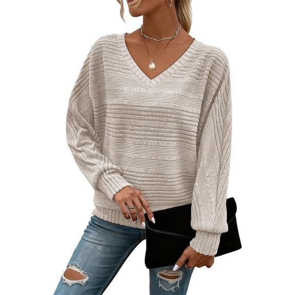KDDYLITQ Women Sweaters Long Sleeve Ribbed Knit Pullover V Neck Solid Color Shirts Casual Loose Fashion Tops Khaki M