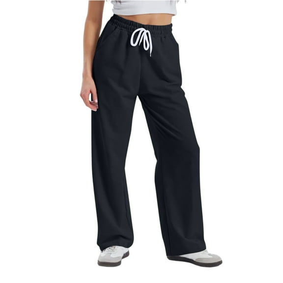 KDDYLITQ Women Sweatpants Baggy Drawstring Fall Trousers Loose High Waisted Straight Leg Workout Sweat Pants Athletic Wide Leg Sweatpants 2025 Joggers with Pockets Black 2XL