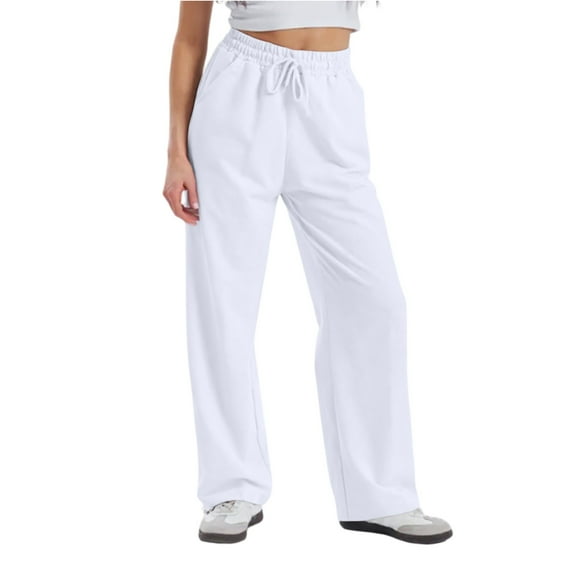 KDDYLITQ Women Sweatpants Baggy High Waisted Workout Sweatpants Loose Drawstring Wide Leg Lounge Joggers Elastic Straight Leg Sweat Pants 2025 Trousers with Pockets White M
