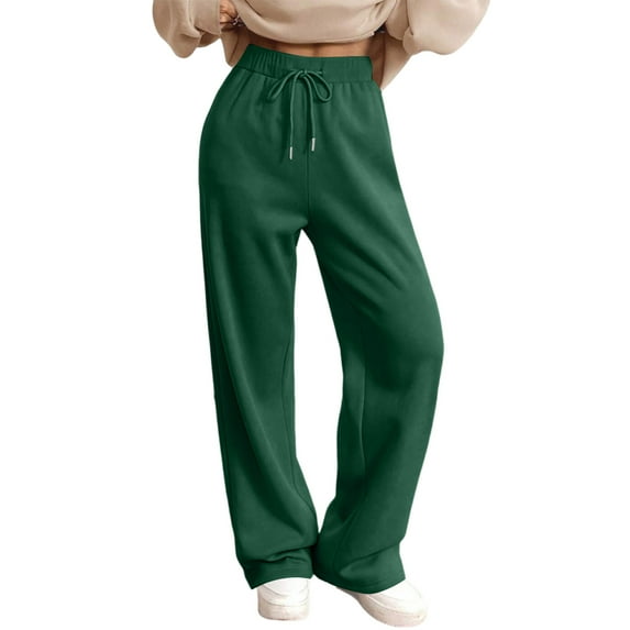 KDDYLITQ Women Sweatpants Straight Wide Leg Solid Color Pants Fleece Lined Drawstring Trouser Lounge Dressy Sweat Pants with Pocket Green L