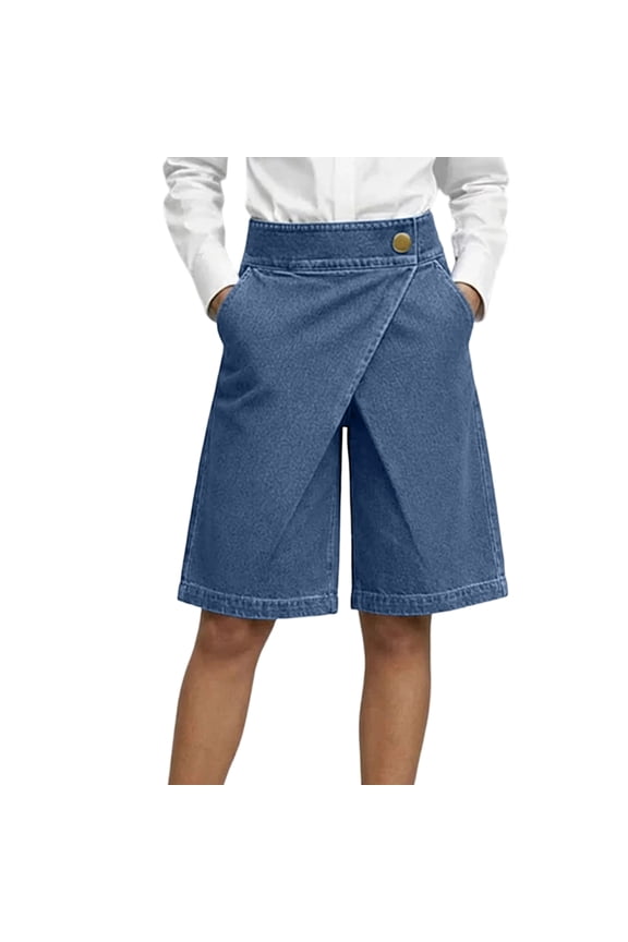 Women Wrap High Waisted Denim Jean Shorts Casual Elastic Waist Wide Leg Summer Loose Bermuda Shorts with Pockets Blue L