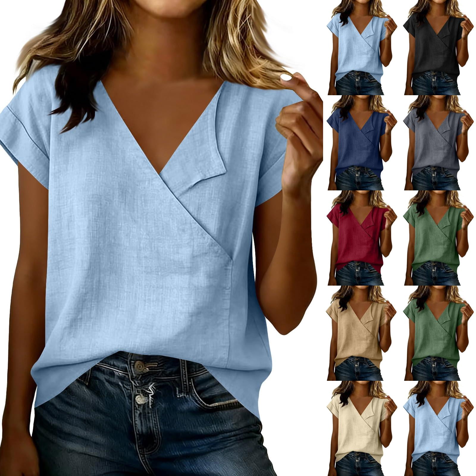 KDDYLITQ Women's Cotton Linen Tops V Neck Short Sleeve Wrap Blouse ...