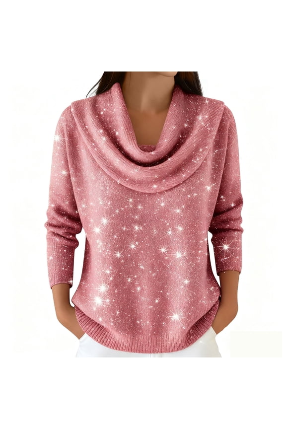 Women's Cowl Neck Sweaters Knitted Long Sleeve Tops Sparkly Sequin Clothes Winter Warm Loose Pullover Pink S
