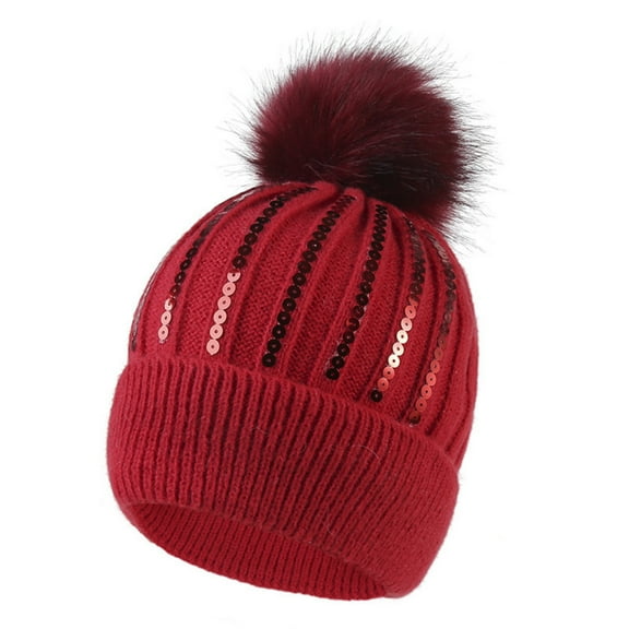 KDDYLITQ Women's Fall And Winter Warm Sequined Pom-pom Wool Hat, Fashionable And Versatile Cold Hat Red One Size