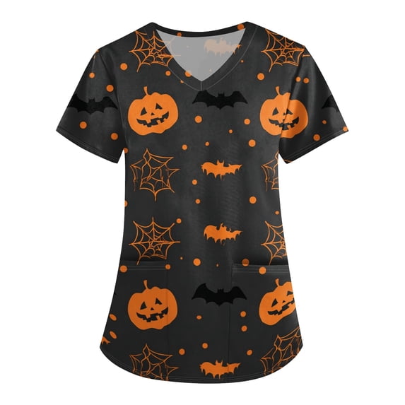 KDDYLITQ Women’s Halloween Tops Pumpkin & Candy Print V-Neck Scrub Top with Pockets Black Orange -O'-Lantern Healthcare Uniform Saffron 3XL