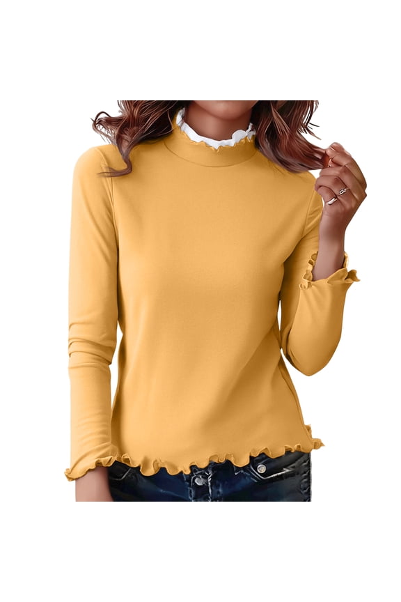 Women's Mock Turtleneck Shirts Long Sleeve Slim Fit Tops Winter Lightweight Lettuce Trim Base Layer Tees Yellow 2XL