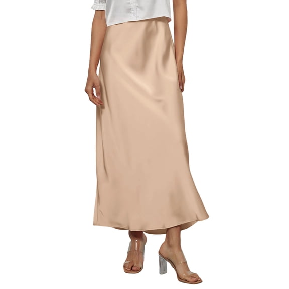 KDDYLITQ Women's Satin Maxi Skirt Silk High Waisted Skirts Flared Solid Color Elegant Skirt Casual Dressy Long Skirts Khaki M