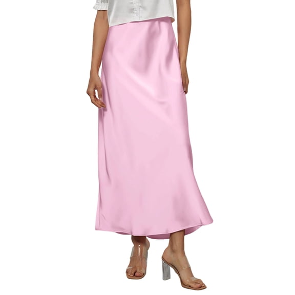 KDDYLITQ Women's Satin Skirts a Line High Waisted Maxi Skirt Flared Elastic Waistband Casual Skirt Elegant Fall Long Skirts Pink S
