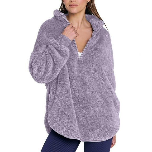 KDDYLITQ Women's Sweaters Plain Long Sleeve Oversized Pullover Solid Color No Hooded Comfy Sweatshirts Baggy Collar Lounge Clothing Winter Comfort Outerwear with Pocket Light Purple M