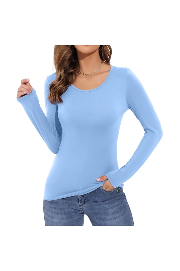 Women's Thermal Compression Long Sleeve T-Shirt Fleece Underwear Fitted Tops Base Layering Tight Clothing Light Blue M