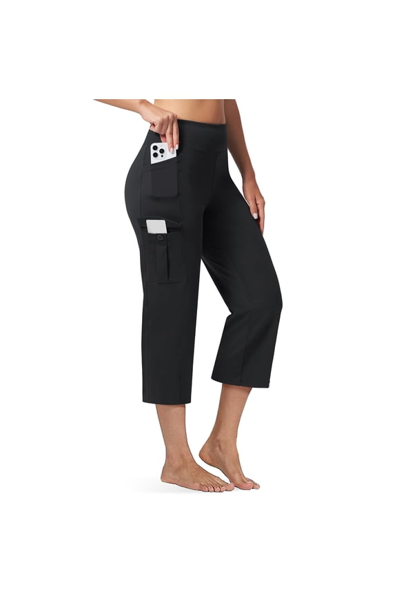 Women's Yoga Capris Pants High Waist Leggings Crop Straight Leg Athletic Exercise Workout Cargo Capri Pants with Pockets Black M