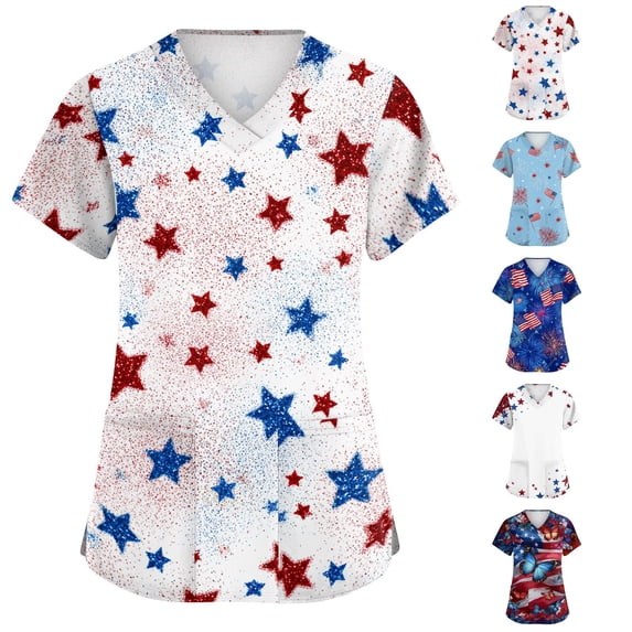 KDDYLITQ Womens 250 Anniversary Usa Shirts Patriotic Red White and Blue Short Sleeve Blouses American Birthday 250th Birthday Liberty Tees National Flag Print Fashion V Neck Tops Multicolor 4XL
