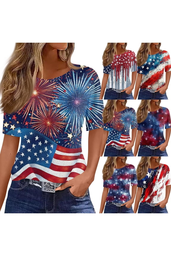 Womens 250 Anniversary Usa Shirts Summer American Flag Crew Neck Tees Causal Printed 4th July Tops 250 Years Birthday Basic Short Sleeve Blouses Dark Blue 2XL