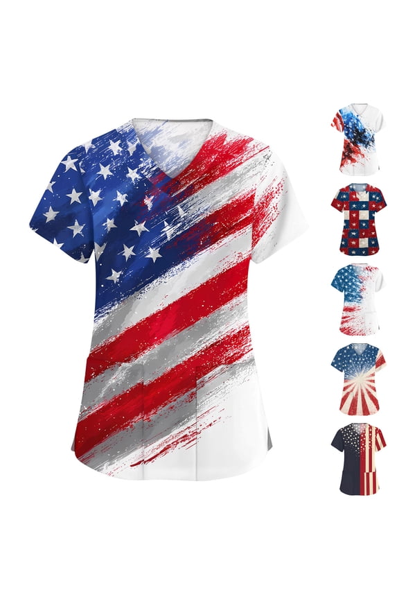 Womens 250 Anniversary Usa Tshirt Freedom Usa Star Stripes Short Sleeve T-Shirts American Birthday Printed Summer Tees National Flag Print Trendy V Neck Tops Dark Blue S