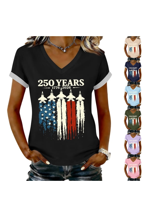 Womens 250 Anniversary Usa Tshirt Independence 250th Birthday V Neck Tees Liberty Usa Star Stripes 4th July T-Shirts 250 Years Birthday Floral Short Sleeve Tops Navy M
