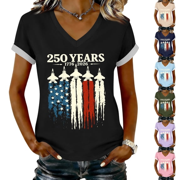 KDDYLITQ Womens 250th Anniversary Independence Day Tshirt 4th July 250 Years Birthday V Neck Tees 4th Of July National Flag Print Summer Blouses Printed Graphic Short Sleeve Tops Army Green 2XL