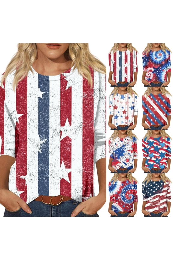 Womens 250th Anniversary Tshirt Freedom Printed Crew Neck Tops Fourth Of July American Flag American Birthday Tees National Flag Print Fashion 3/4 Sleeve Blouses Sky Blue M