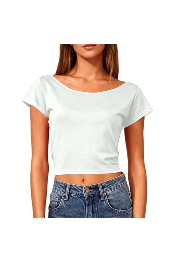 Womens Basic Open Back T Shirts Crew Neck Short Sleeve Loose Fit Casual Trendy Summer Fashion Tees White L