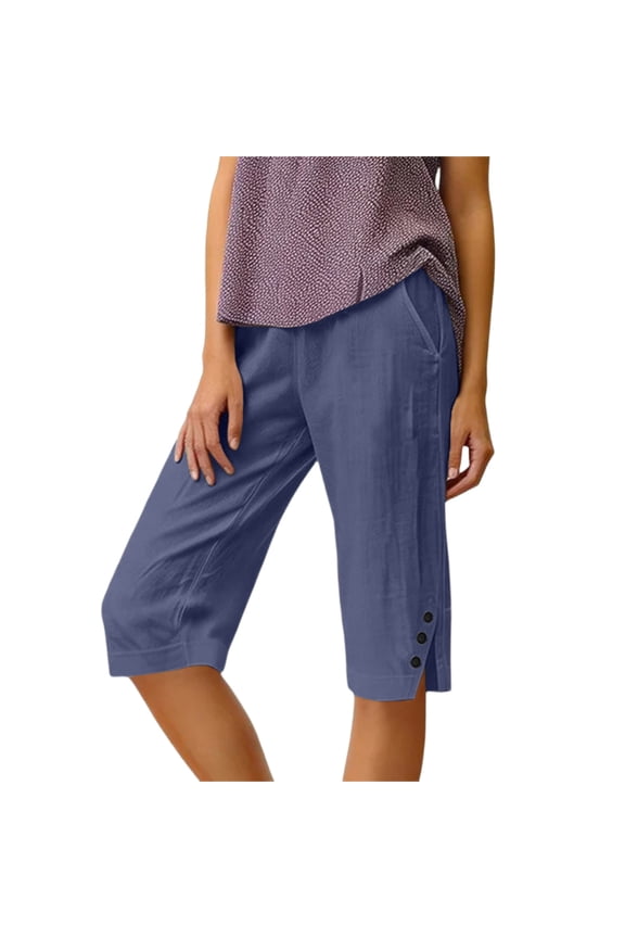 Womens Capri Pants Cotton Linen Drawstring Shorts Knee Length Cropped Beach Pants Loose Plus Size Short Pants with Pockets Navy XL