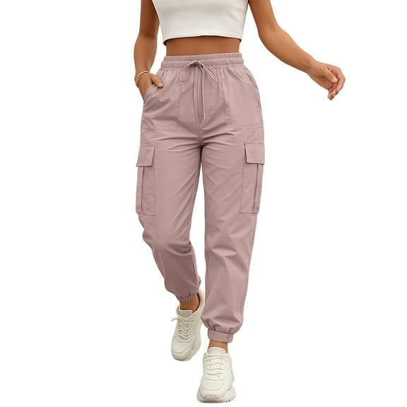 KDDYLITQ Womens Cargo Pants Ankle Cuffs Drawstring Loungewear Baggy Straight Leg Cargo Sweatpants Cinch Barrel Sweat Pants Hiking Cargo Joggers with Pockets Pink L