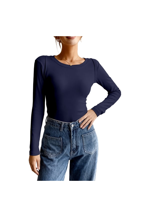 Womens Casual Long Sleeve Base Layer Tunic Top Slim Fit Crew Neck Basic Pullover Tees Navy M