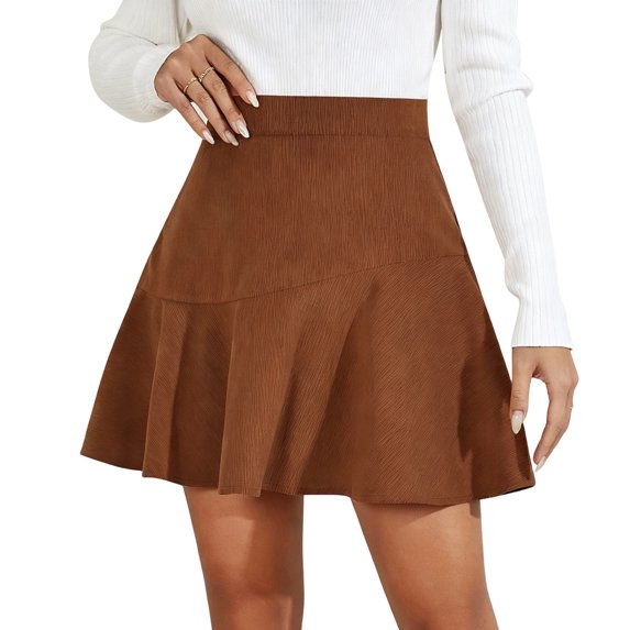 KDDYLITQ Womens Corduroy Mini Skirt Ruffle Flared Skirt A-Line High Waisted Casual Short Skirts Fall Cute Skort Brown S