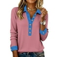thumbnail image 1 of KDDYLITQ Womens Denim Collar Sweater Button Up Denim Patchwork Sweatshirts Color Block Denim Collar Cuffs Top 2025 Fashion Pullover Pink L, 1 of 4