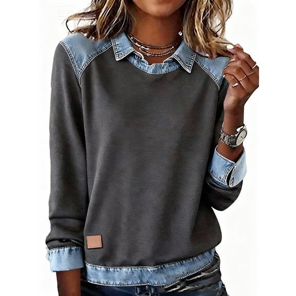 KDDYLITQ Womens Denim Sweatshirt Long Sleeve Oversized Pullover Lapel Collar Y2k Shirts Fall Dressy Loose Tops Gray M