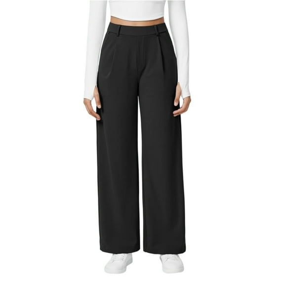 KDDYLITQ Womens Dress Pants High Elastic Waist Pants Front Pleated Straight Wide Leg Slacks Casual Elegant Work Pants with Pocket Black XL